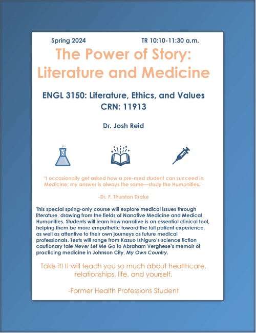 A course flyer for the ENGL 3150: Literature, Ethics, and Values course offered for Spring 2024 (relevant details in course description text)