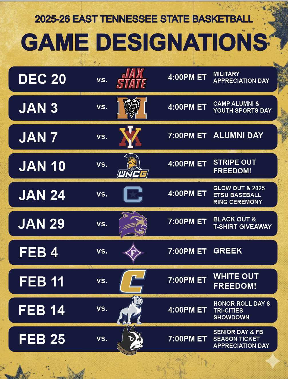 ETSU Home Basketball Games with Themes