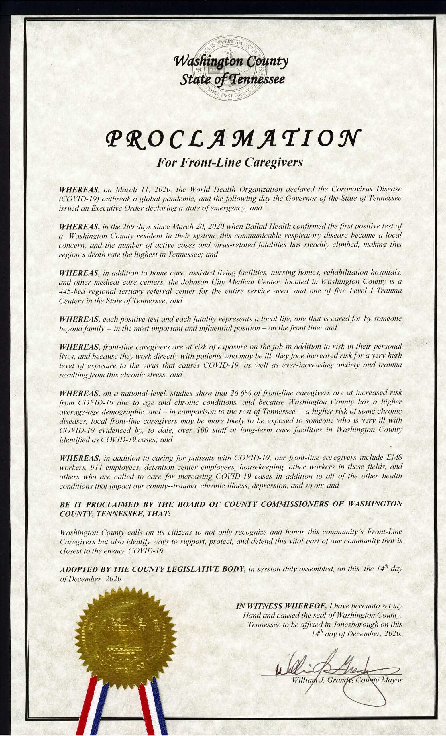 Washington County front line health care workers Proclamation 