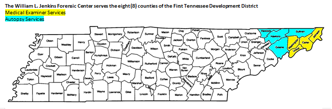 Map of Tennessee with counties - highlighting the 8 counties that medical examiner and autopsy service