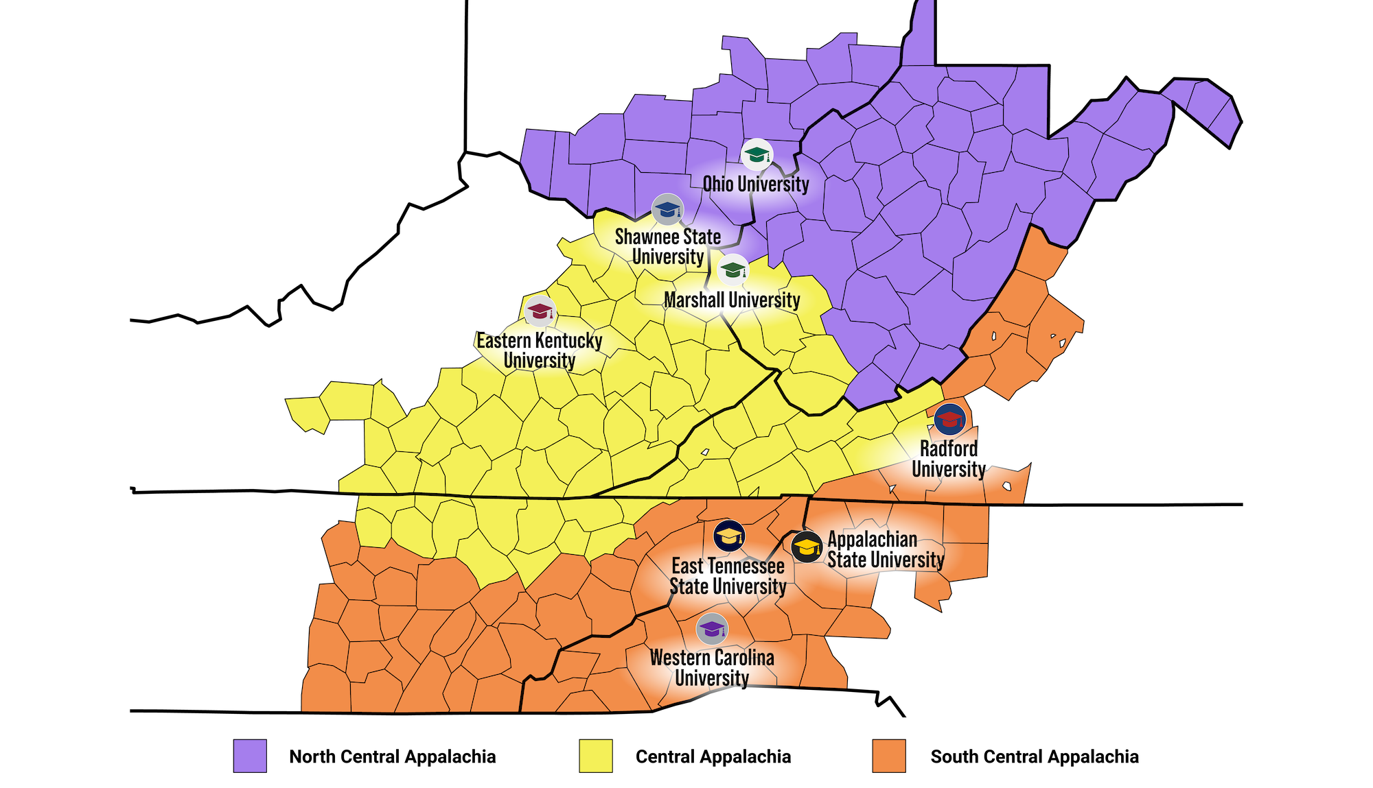 An illustrated map showing the locations of the RPCU partner colleges, the northern most region (purple) is North Central Appalachia, the cental region (yellow) is Central Appalachia, and the southern region (orange) is South Central Appalachia