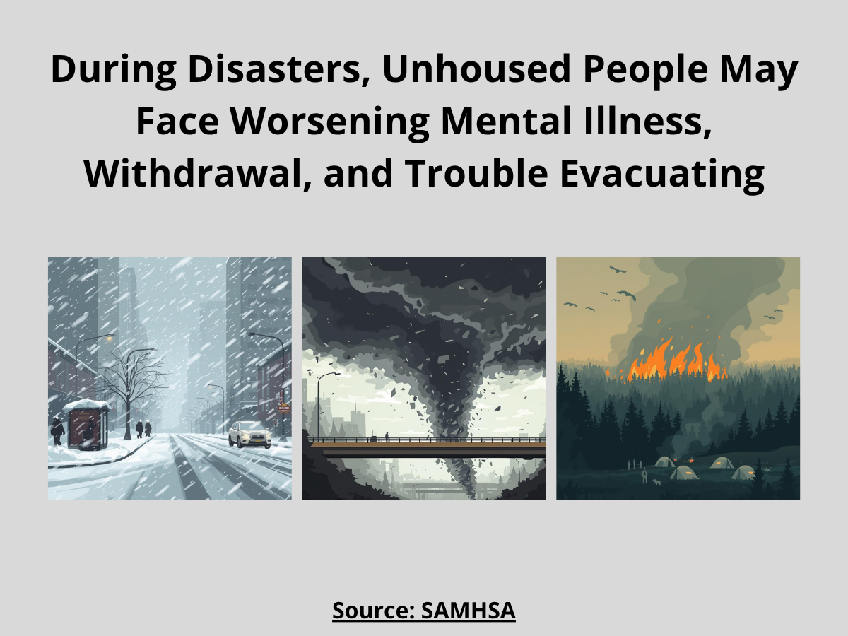 During disasters, unhoused people may face worsening mental illness, withdrawal, and trouble evacuating