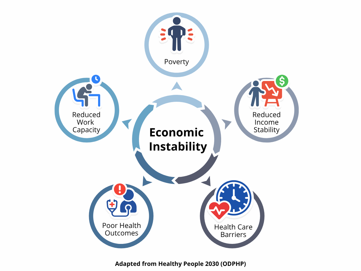 Economic Instablity circle at the center with five related circles branching out