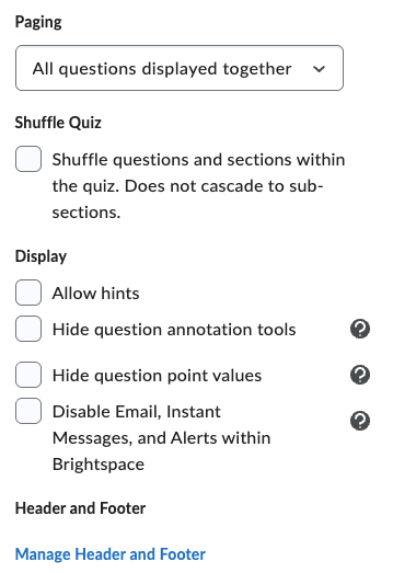 Timing and display advanced options (paging, shuffle quiz, display, and header footer).