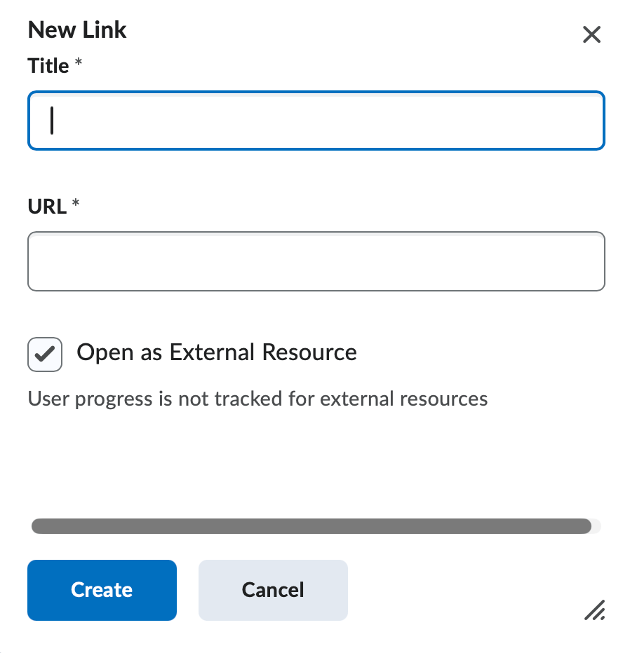 The new link pop-up window with title and URL