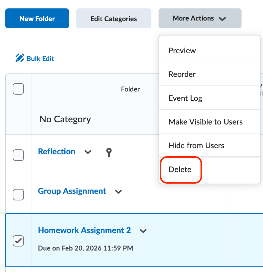 The delete quiz screen.