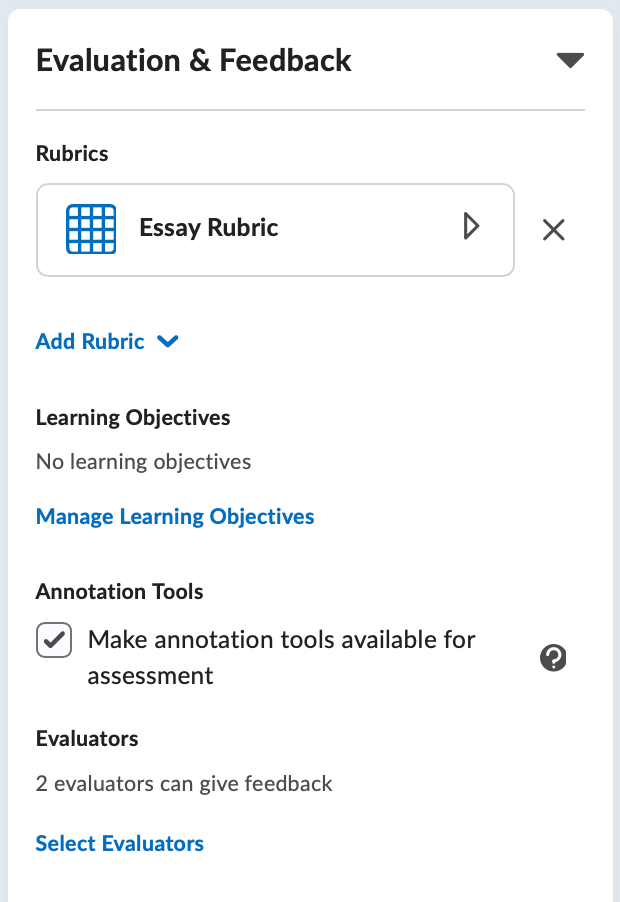The evaluation and feedback options in the dropbox properties