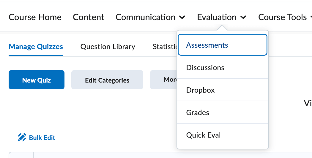 The default course navigation bar with the assessments tool selected