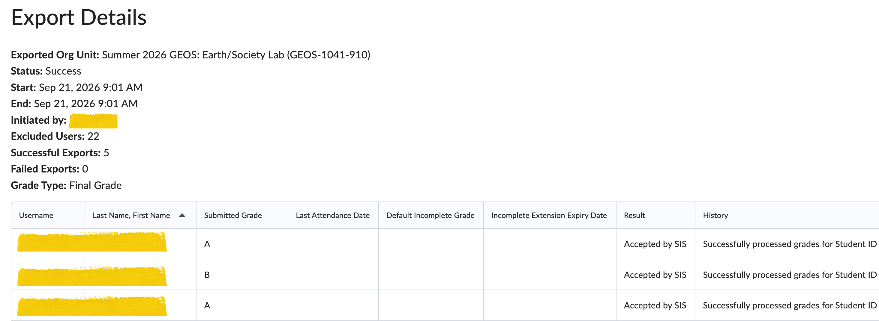 The export details page displaying the status of the export with the number of excluded users and successful imports.