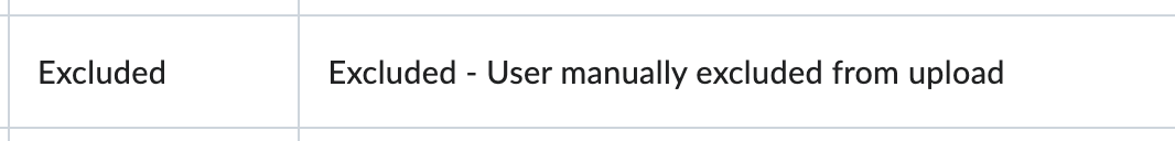 The error code when a grade is excluded from the export stating the user is manually excluded from upload.