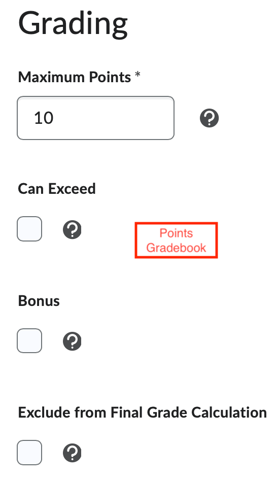 The grading options for a grade item within a ponts gradebook (Maximum points, can exceed, bonus, and exclude from final grade calculation)