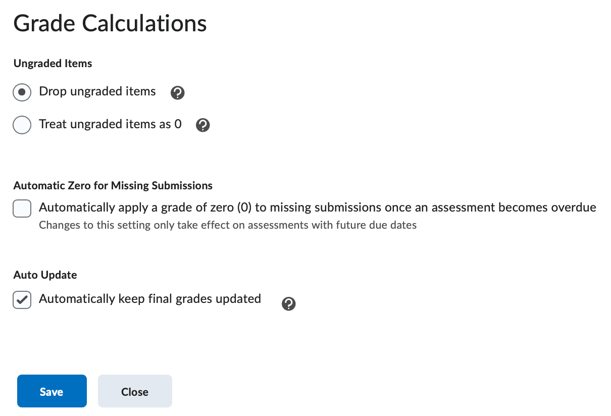 The grade calculation options on the calculation settings page