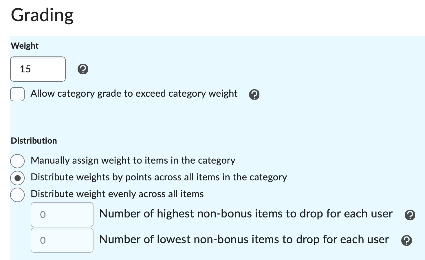 Specify how much a category contributes to the final grade by typing the value in the Weight field. You will not see the Weight field if using a Points Gradebook