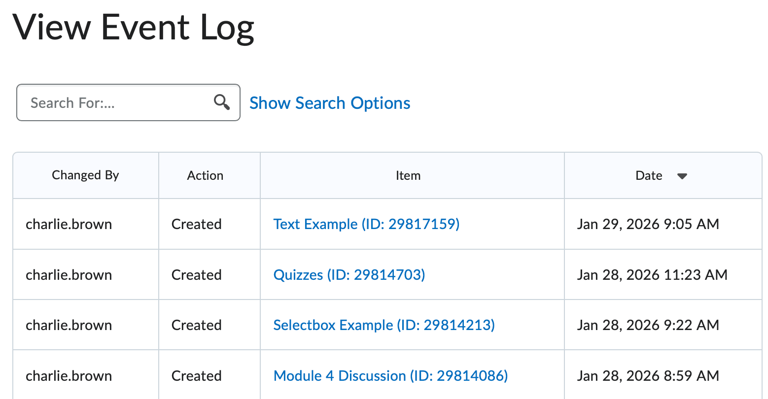 The gradebook event log