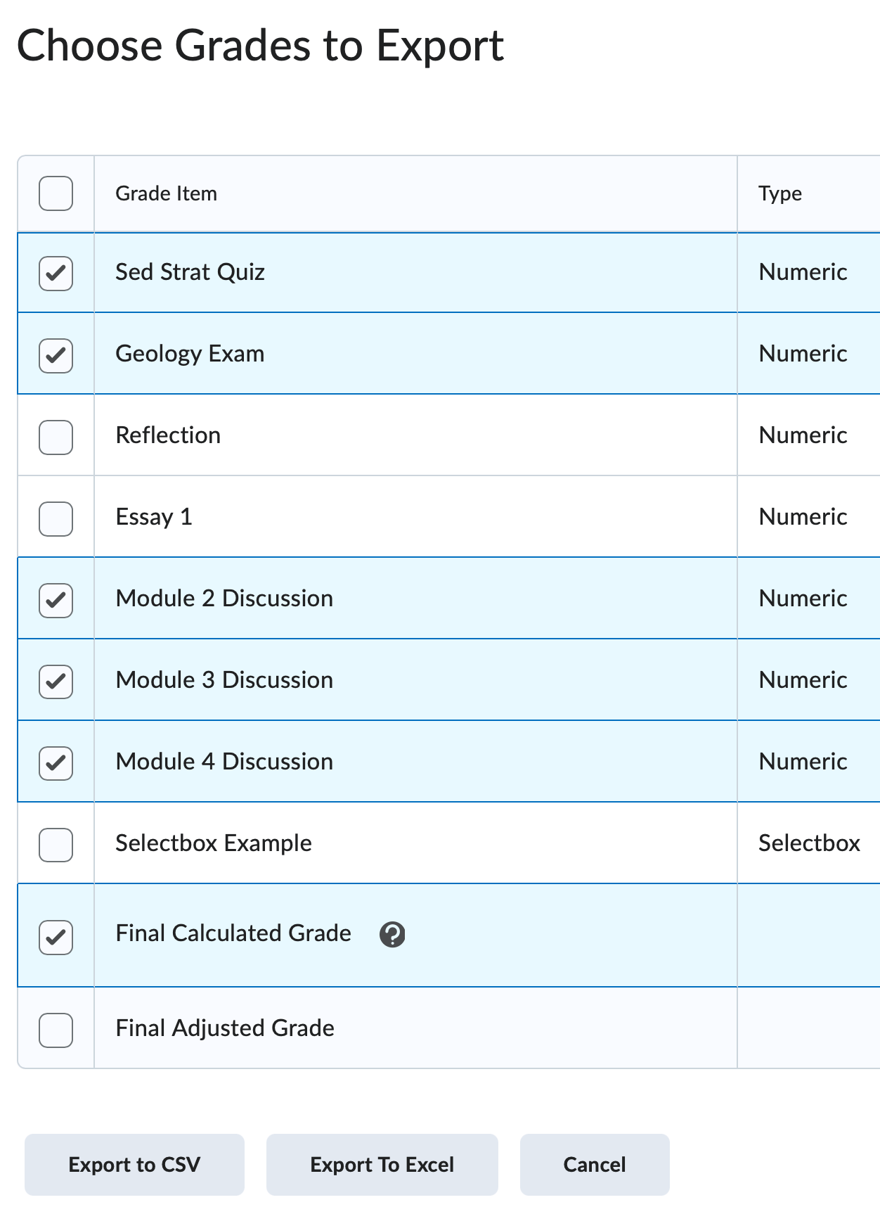 The grade items table on the export gradebok page