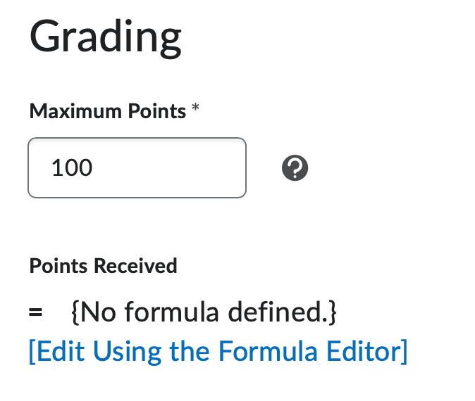 The grading options for a formula grade item (Maximum points and formula editor hyperlink)