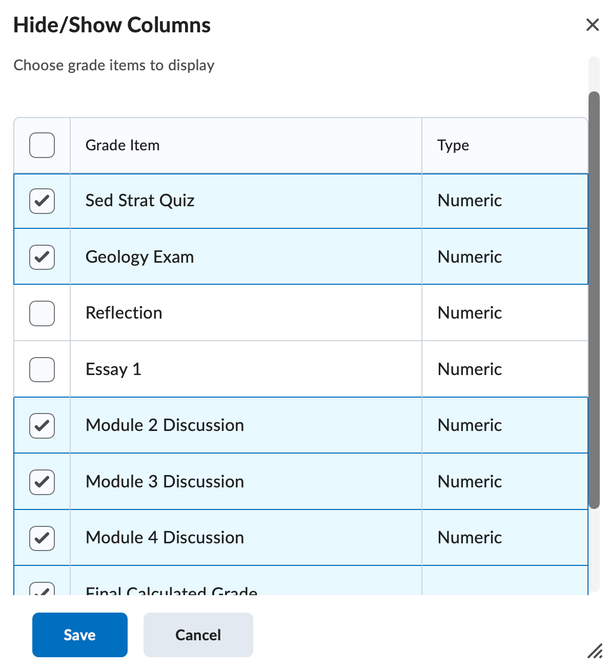 The Show/Hide Columns popup window
