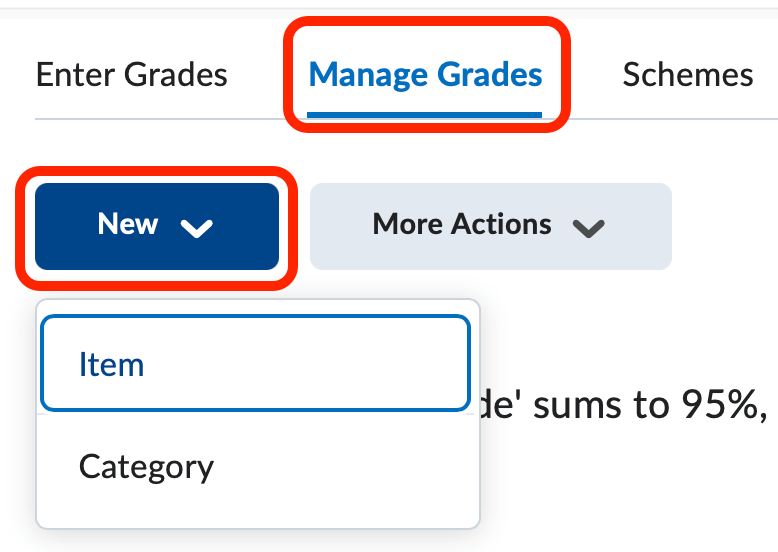 The New button on the manage grades page to create a category