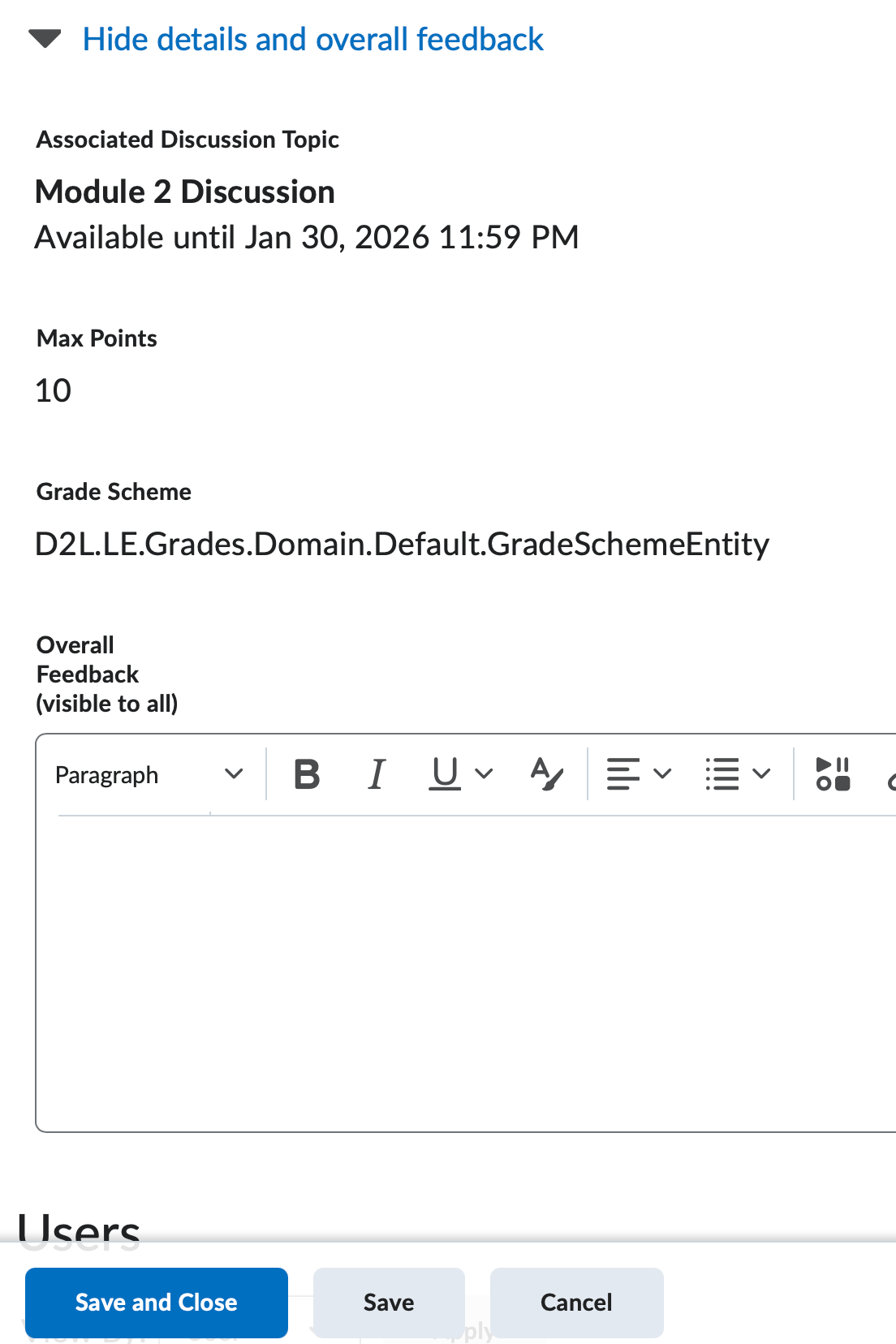 The Overall Feedback box for a grade item.