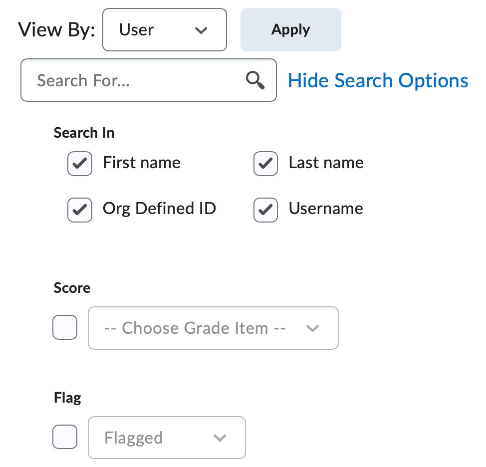 The search options within the Enter Grades screen