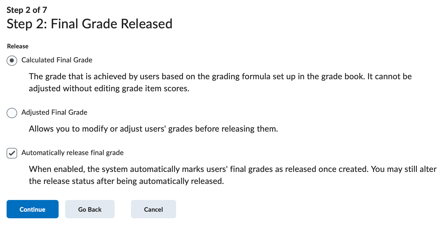 The 2nd step of the grades setup wizard.