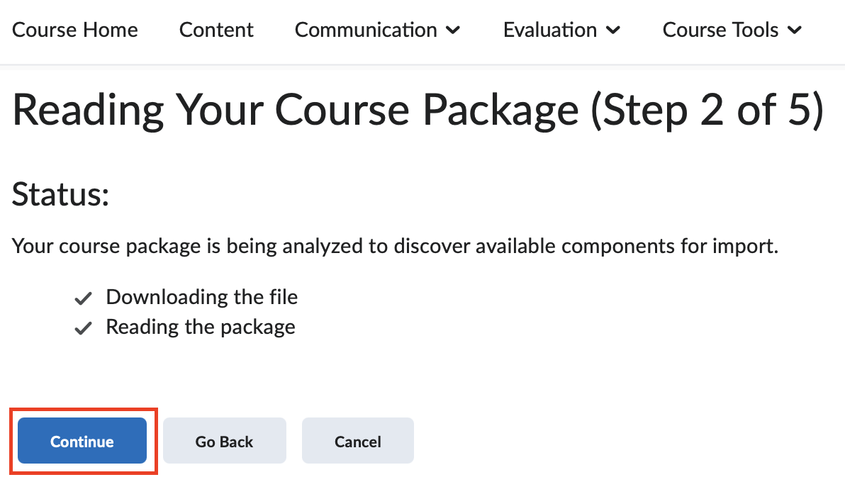 The Select components to import screen