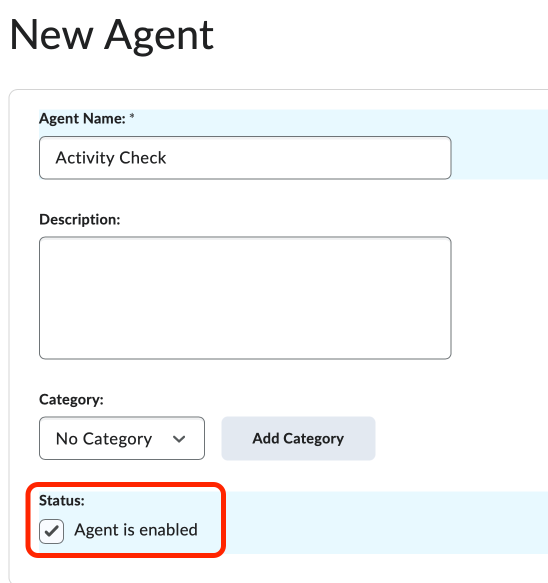 The new agent screen with title and description
