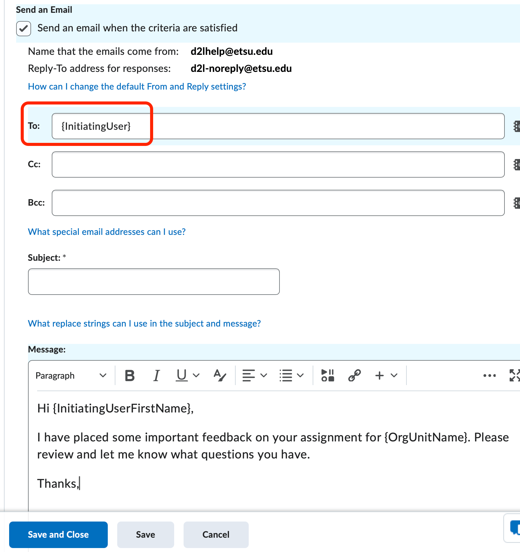 The TO field of an Intelligent Agent email with a replacement string