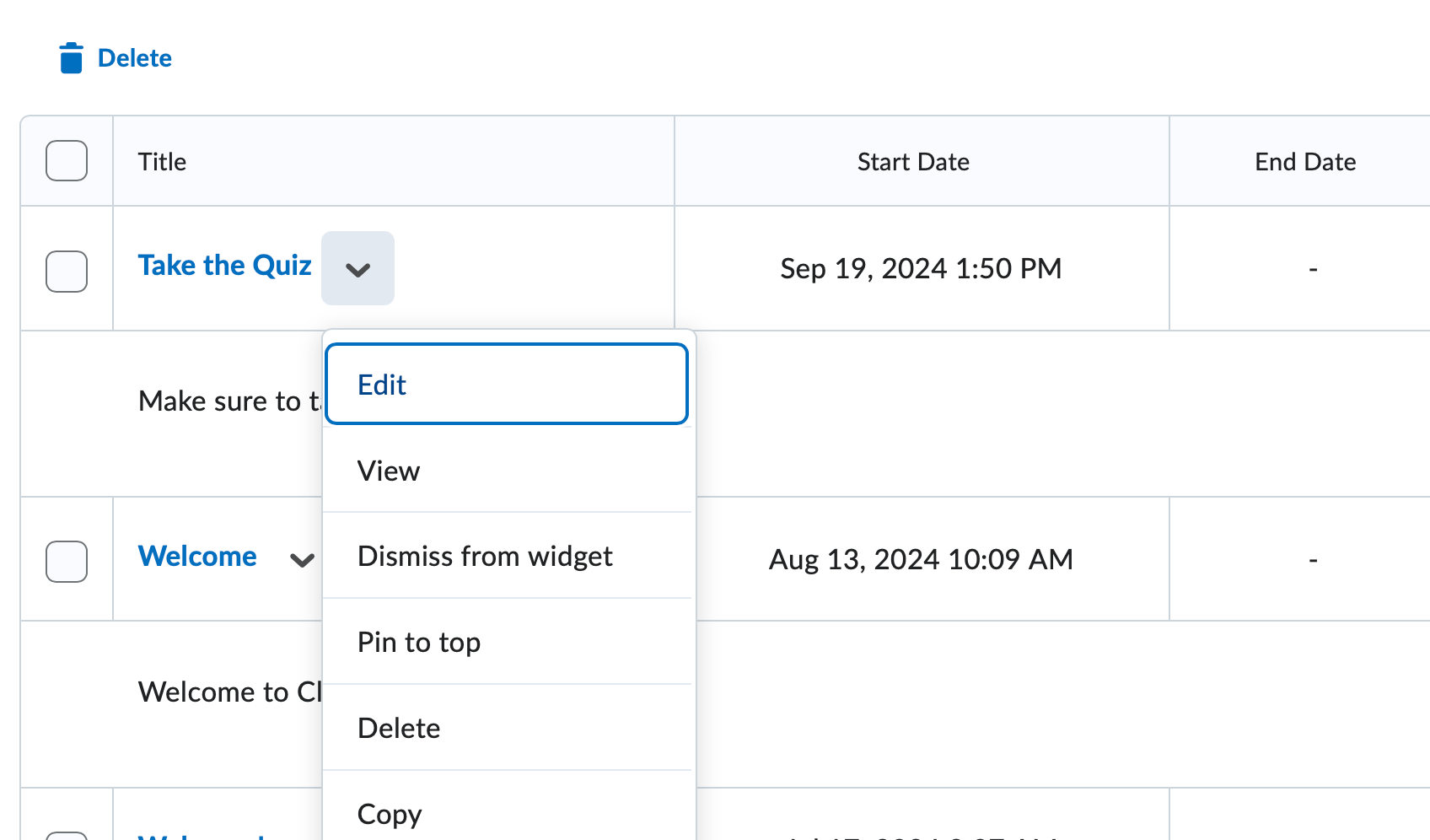 The context menu of a news item on the news widget with delete highlighted