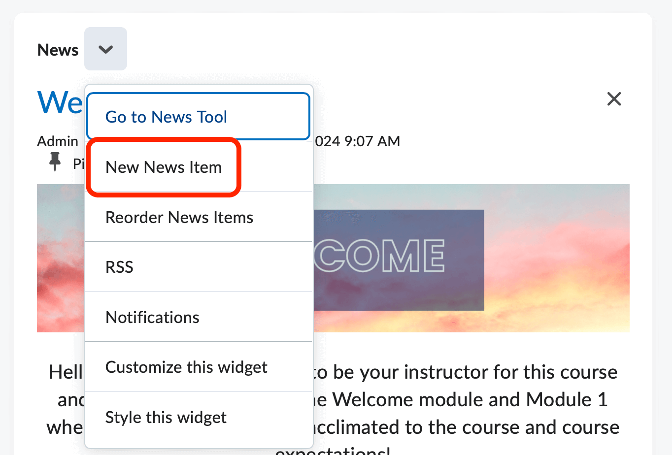The expanded news widget context menu (go to news tool, new news item, reorder news items, rss)