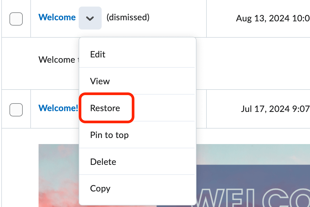 The context menu of a dismissed news item with restore highlighted