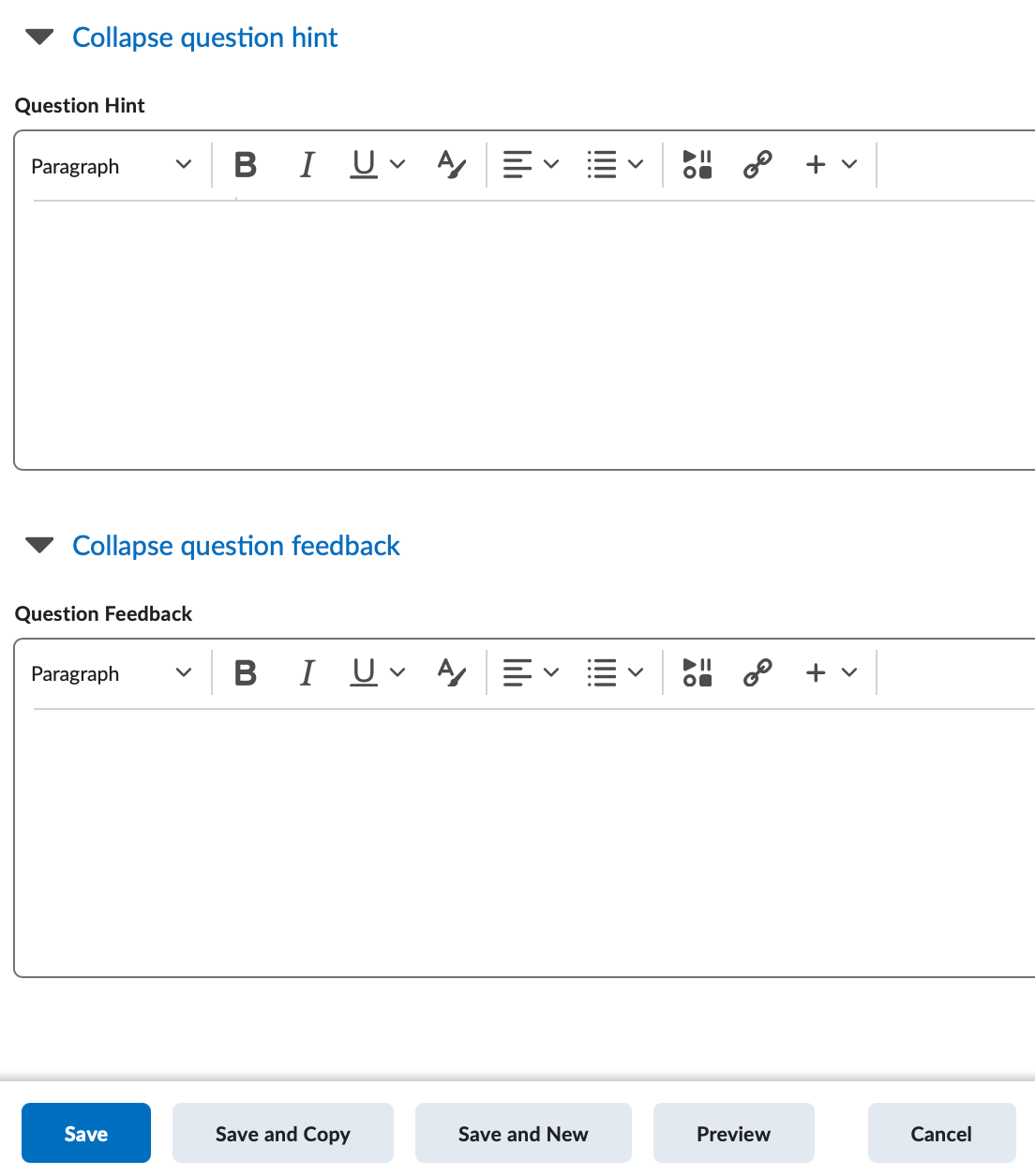 The question hint and feedback options for multi select questions.