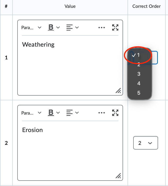 The item table with a correct answer selected