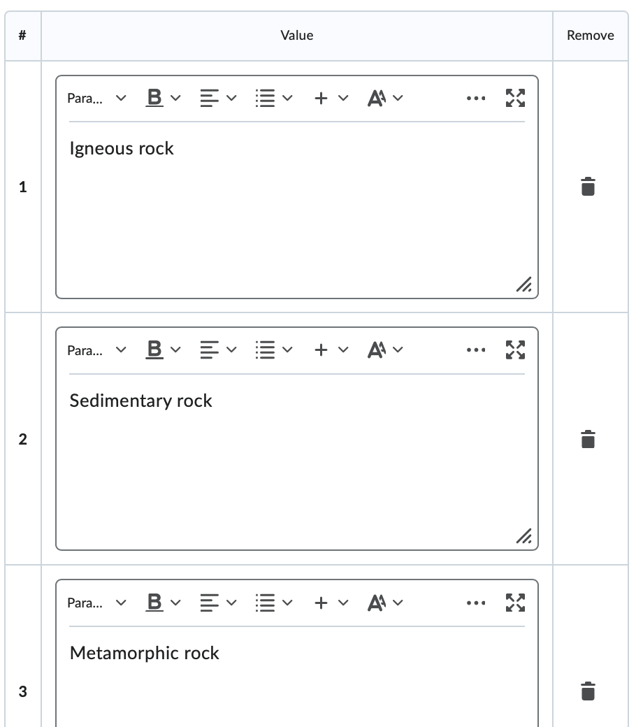 The Choices table for correct answers