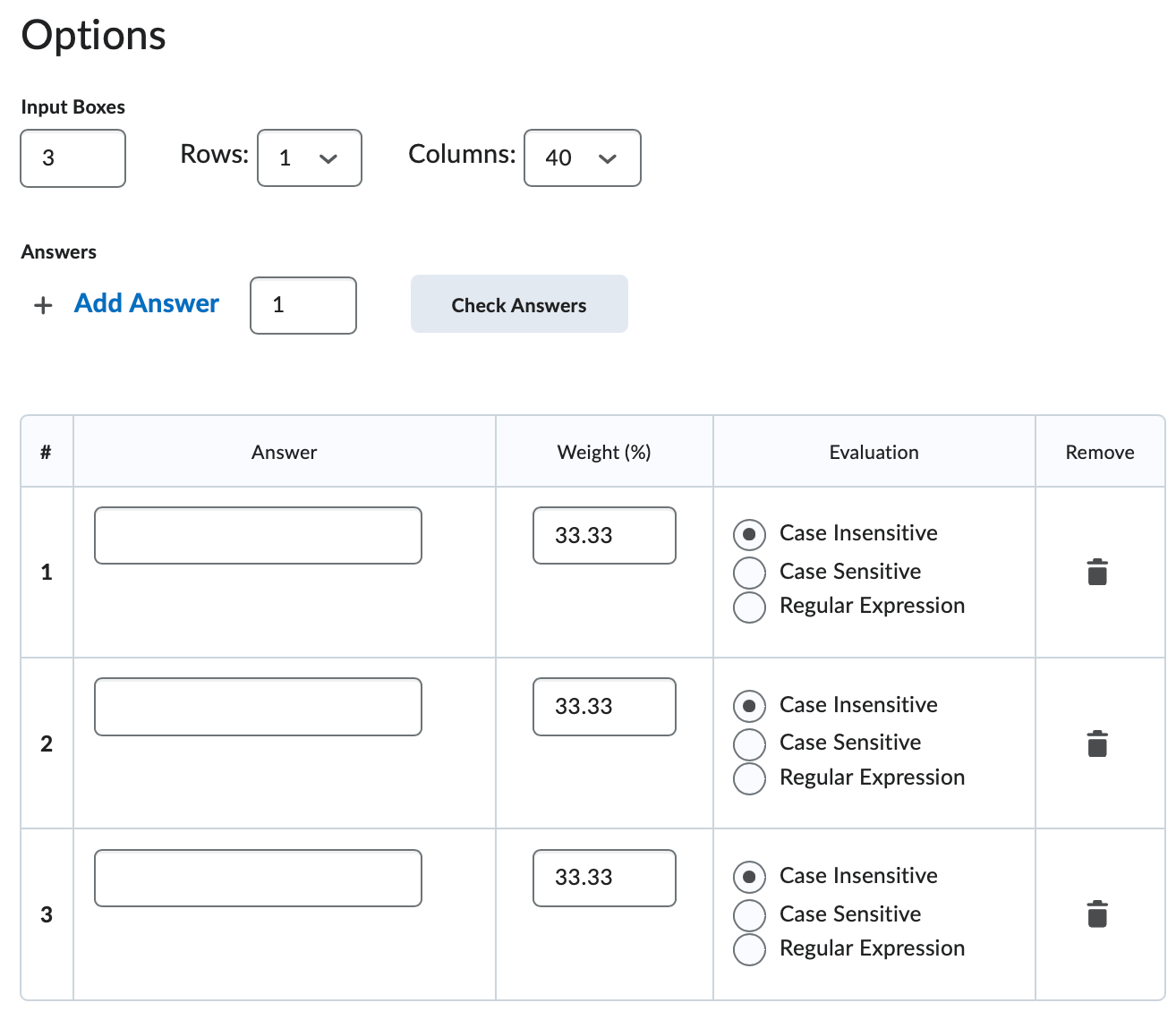 The question answer options for multi select questions.