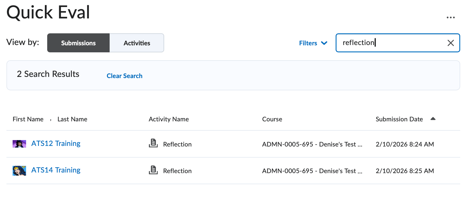 Using the search bar in quick eval