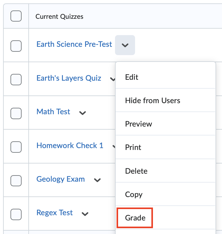The quiz context menu with the grade option selected