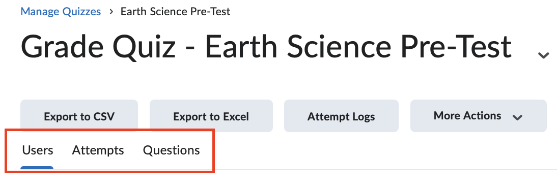 Tab options on the Grade Quiz Screen (users, attempts, questions)