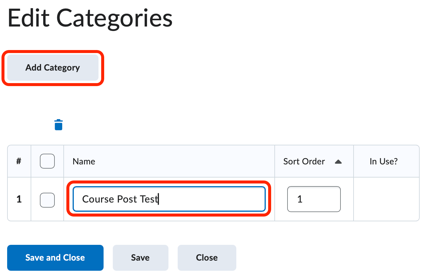 The edit categories page with a category selected and the trashcan icon highlighted