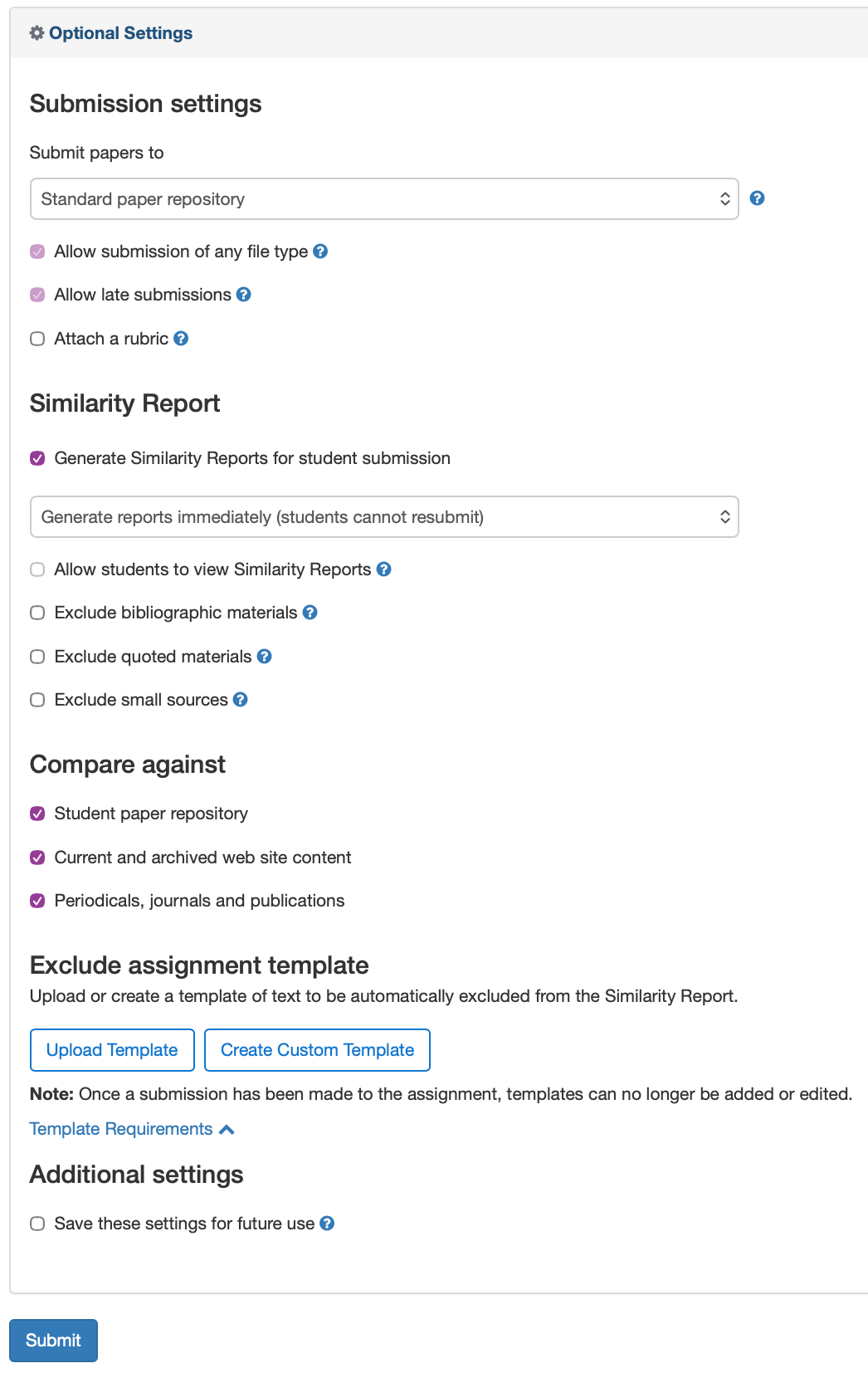 The more options selection from TurnItIn