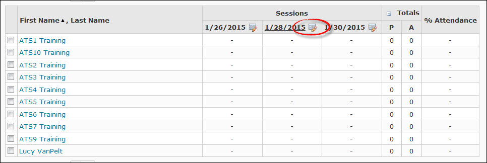 Image of the sessions table with the enter session info button highlighted.