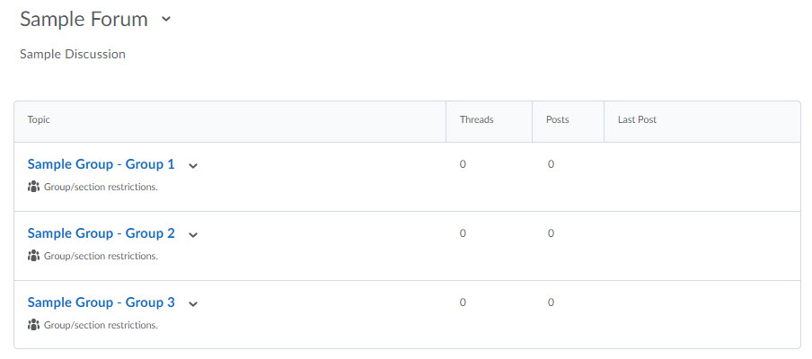 Image of group restricted discussion board topics within a forum