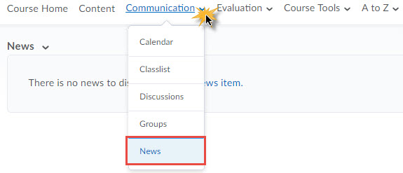 image of the news tool in the default course nav bar along with the position of the news widget