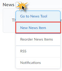 image of the expanded news widget context menu (go to news tool, new news item, reorder news items, rss)