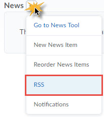 image of the expanded news widget context menu (go to news tool, new news item, reorder news items, rss, notifications)