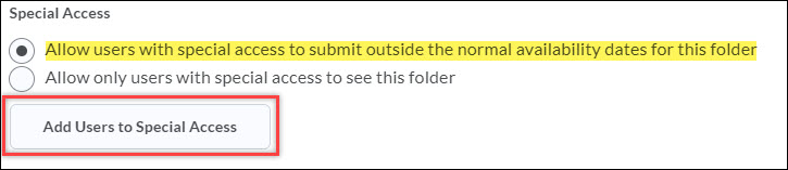 Image of the special access options of the edit folder page with the recommended option highlighted. 