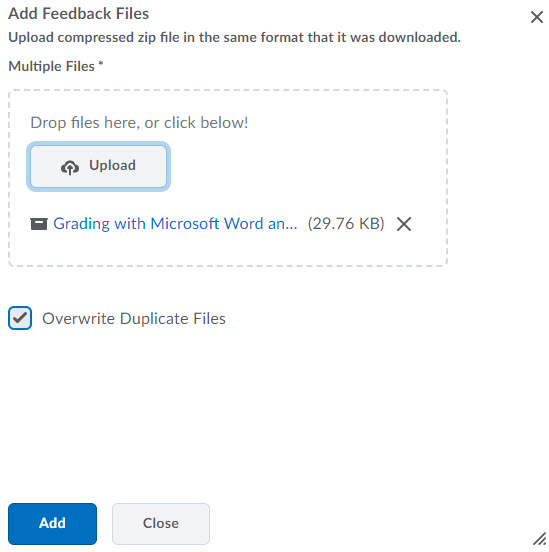 Image of the upload popup window with a zip file selected