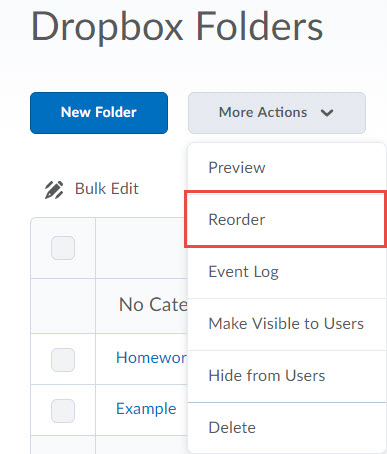 Image of the more actions button on thefolder list screen with reorder selected.