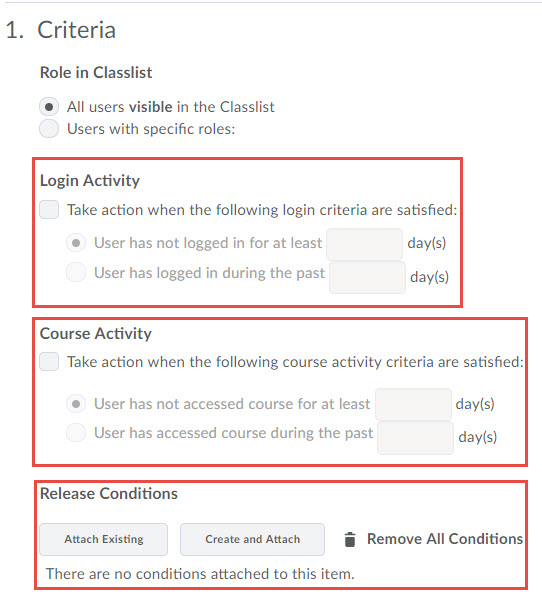 image of the agent criteria options of an intelligent agent (login activity, course activity, release conditions)