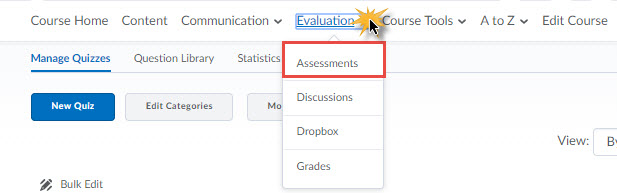 Image of the default course navigation bar with Assessments tool selected.